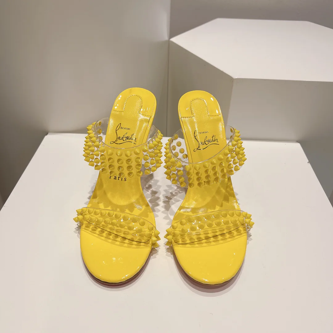 Yellow Studded Two-Strap High Heel Sandals image 1