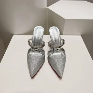 Pointed Toe Crystal Chain High Heel Mule Sandals image 1
