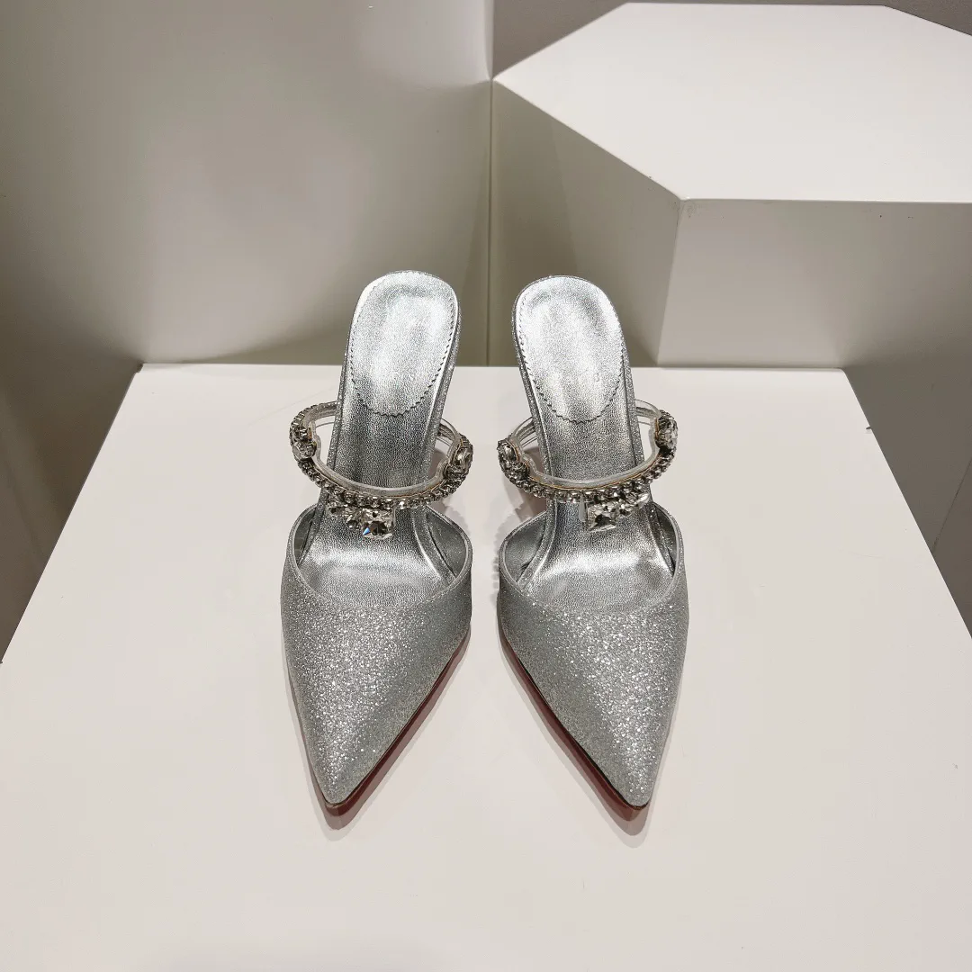 Pointed Toe Crystal Chain High Heel Mule Sandals image 1