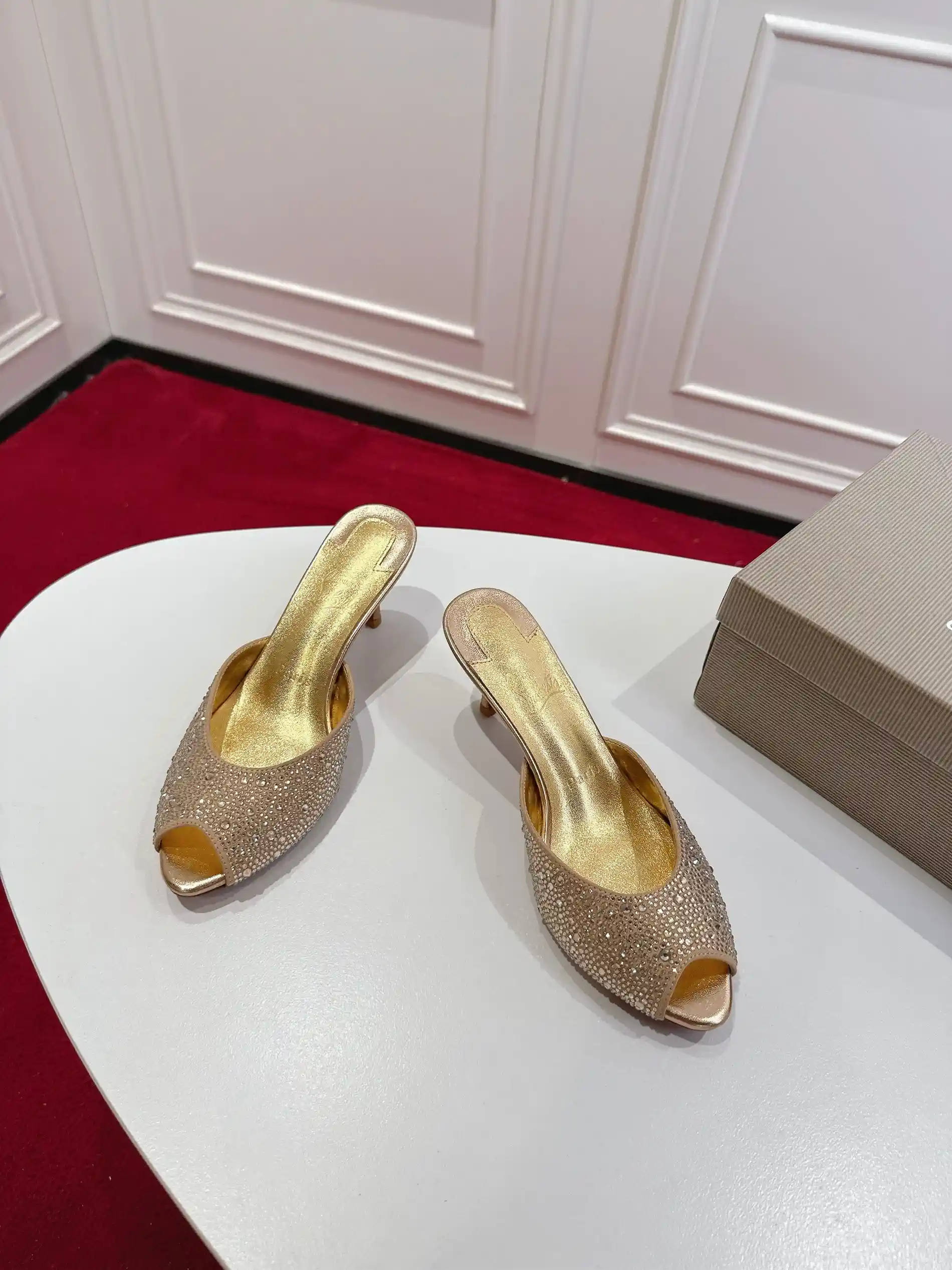 Rhinestone Peep Toe High Heel Mules image 1