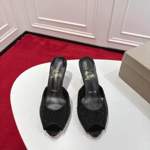 Rhinestone Peep Toe High Heel Mules image 1