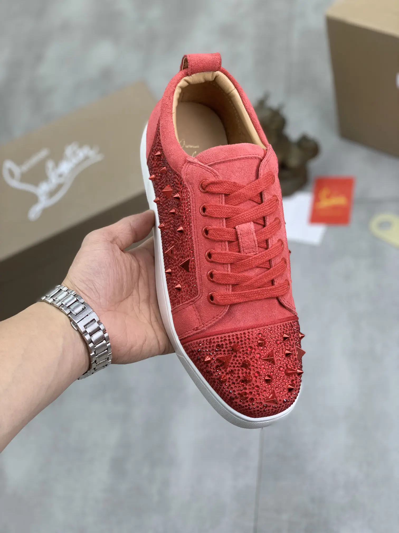 Men's Red Rhinestone Spike Low-Top Sneakers image 1
