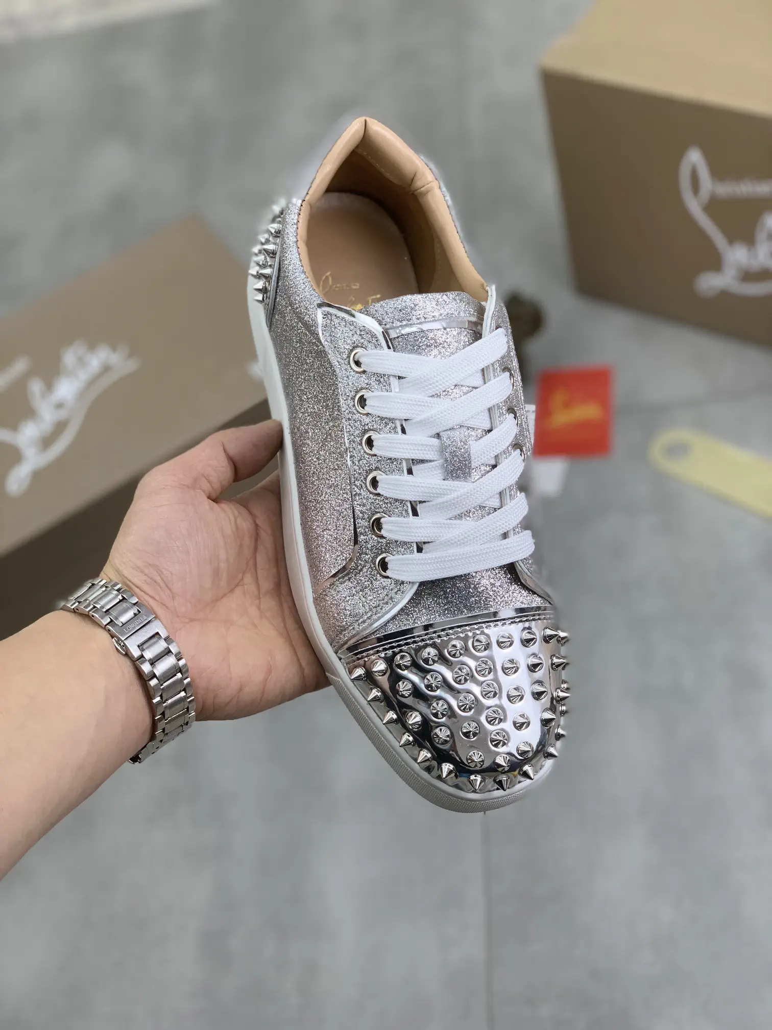Men's Silver Glitter Spiked Toe Low-Top Sneakers image 1