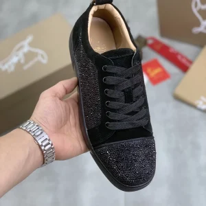 Men's Black Rhinestone Low-Top Sneakers with Sheepskin Lining image 1