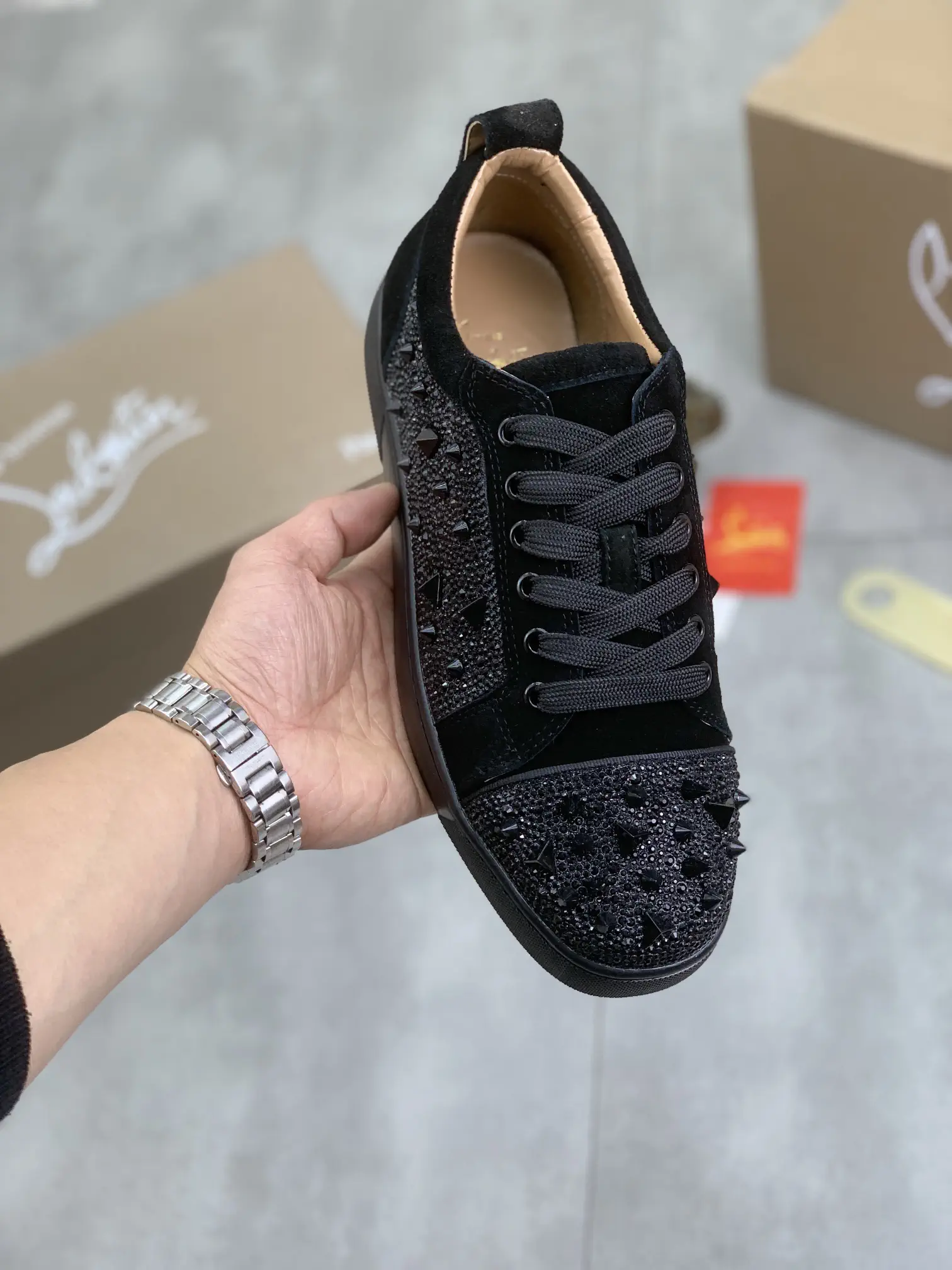 Men's Black Rhinestone Spike Low-Top Sneakers image 1