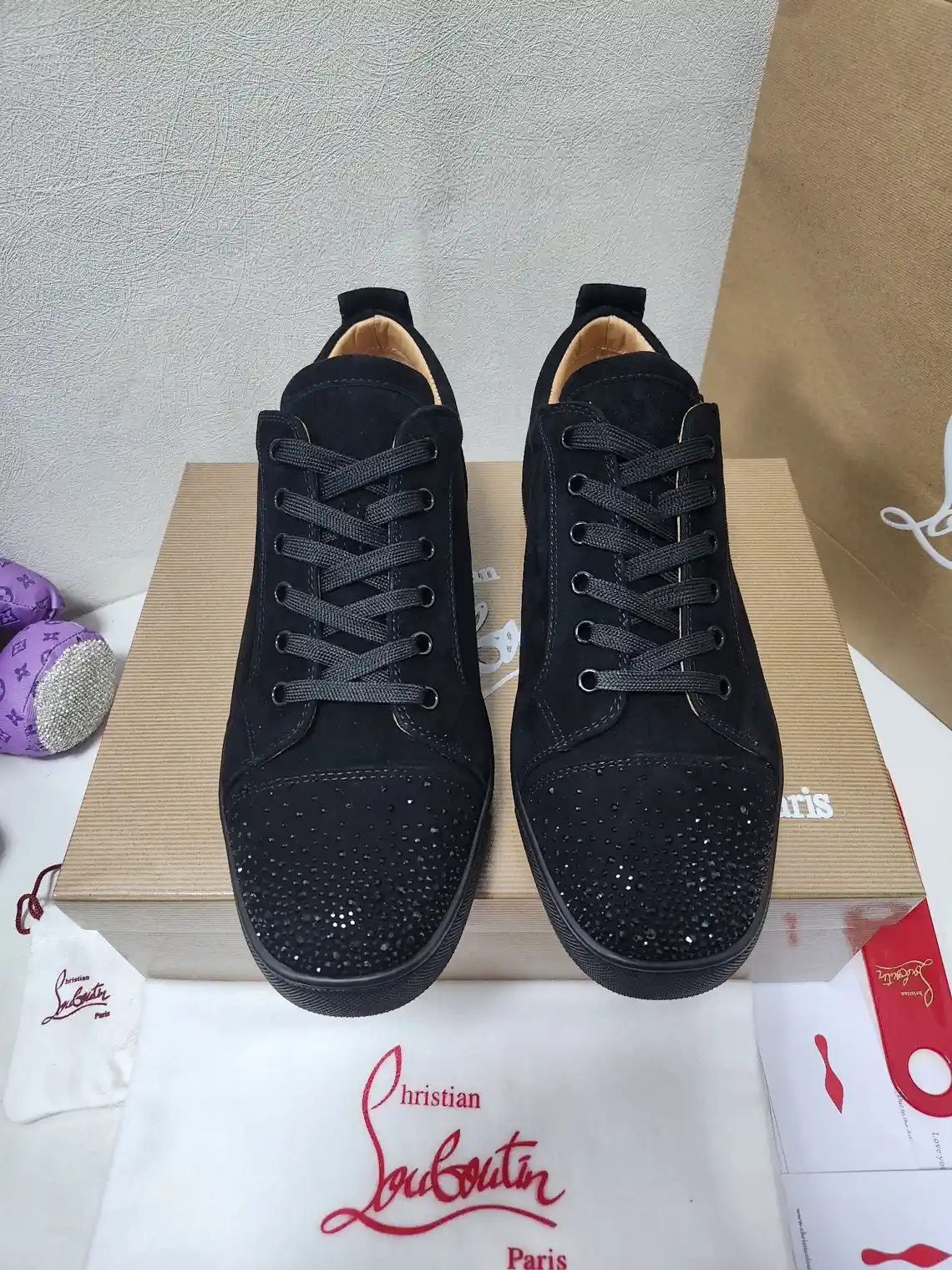 Black Suede Low-Top Sneakers with Rhinestone Toe Cap image 1