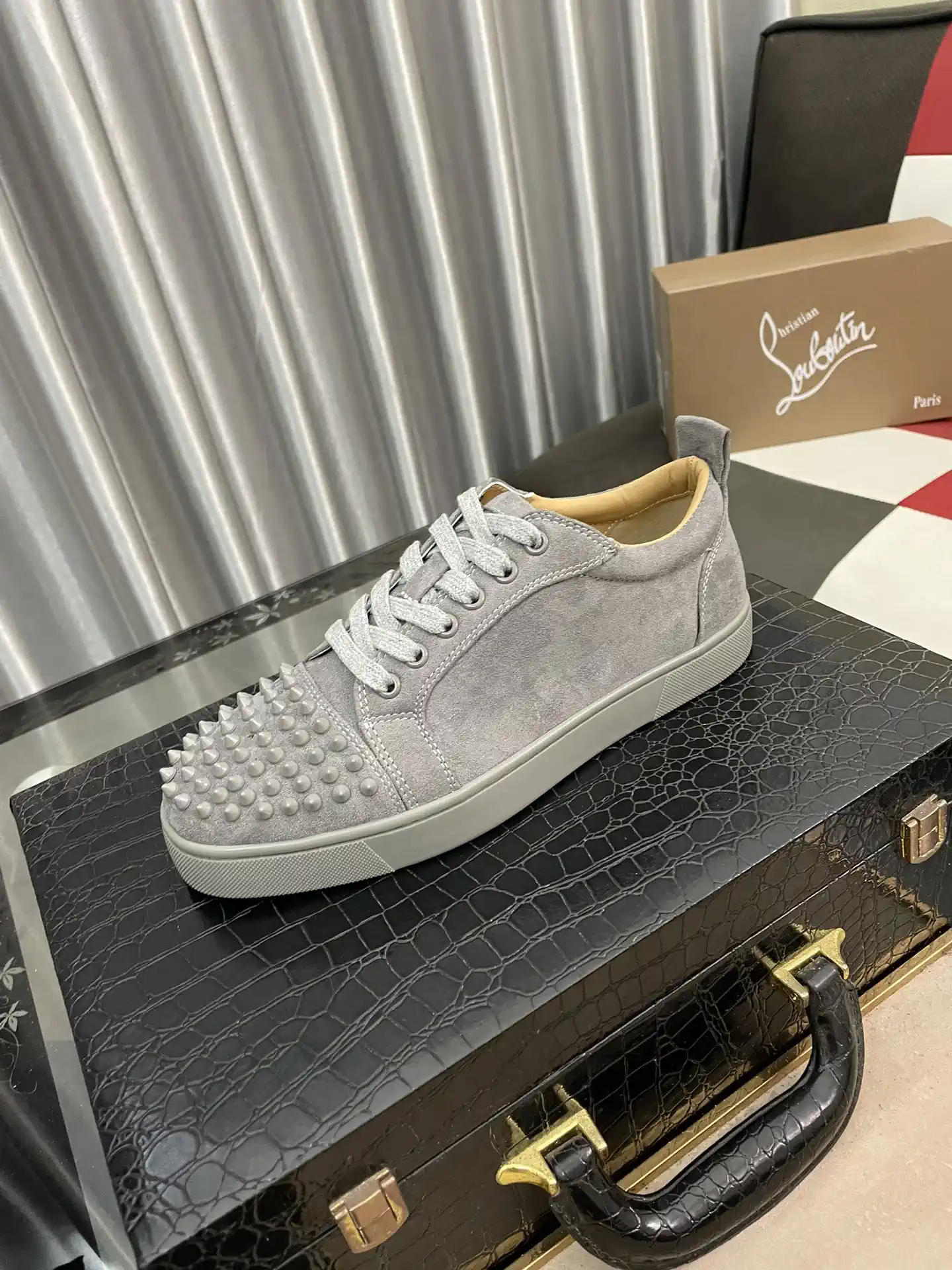 Gray Suede Spiked Toe Casual Sneakers image 1