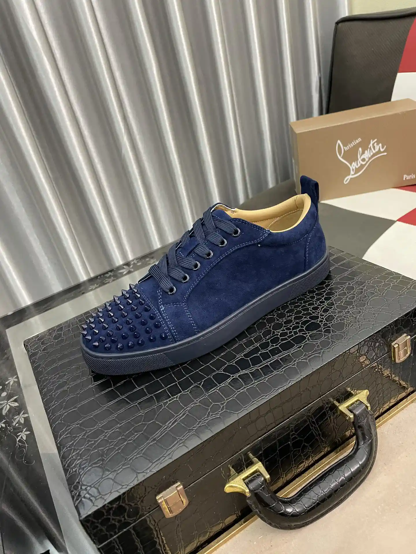 Navy Suede Spiked Toe Casual Sneakers image 1