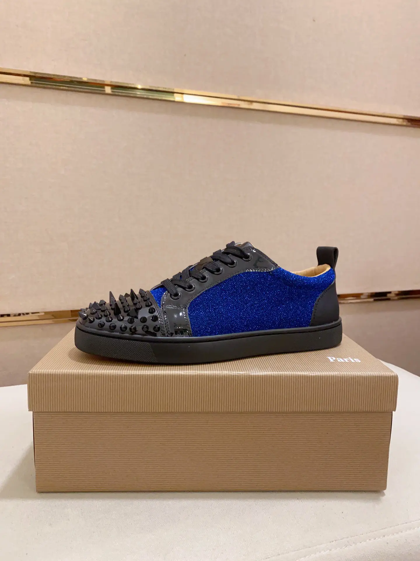 Blue Glitter Spiked Toe Low-Top Sneakers image 1