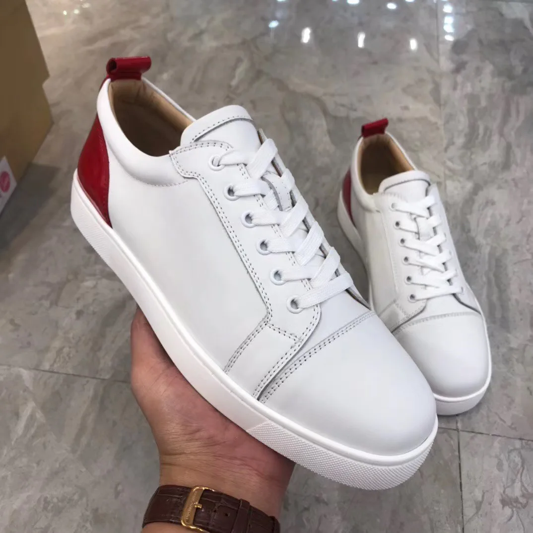 White Leather Low-Top Sneakers with Red Heel Accent image 1