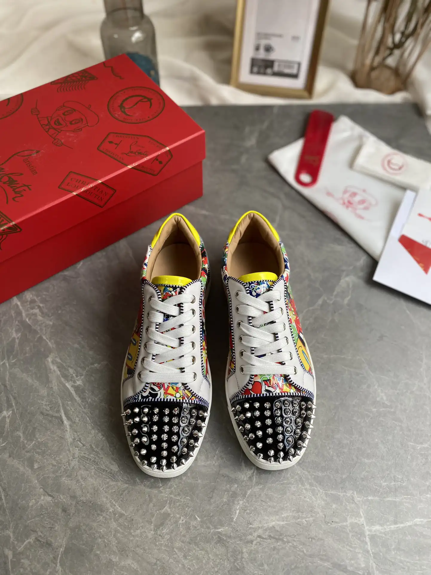 Christian Louboutin Spiked Toe Graffiti Print Casual Sneakers image 1