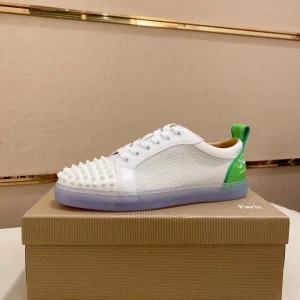 White Spiked Toe Low-Top Sneakers with Green Heel Tab image 1