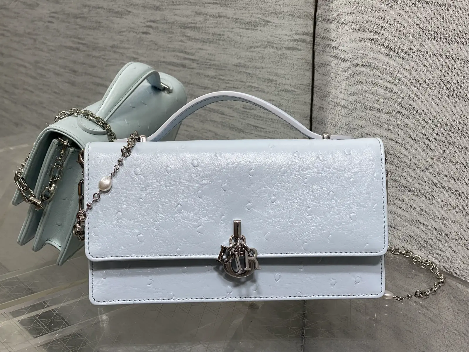 Dior Ostrich Pattern Pearl Chain Top Handle Bag image 1