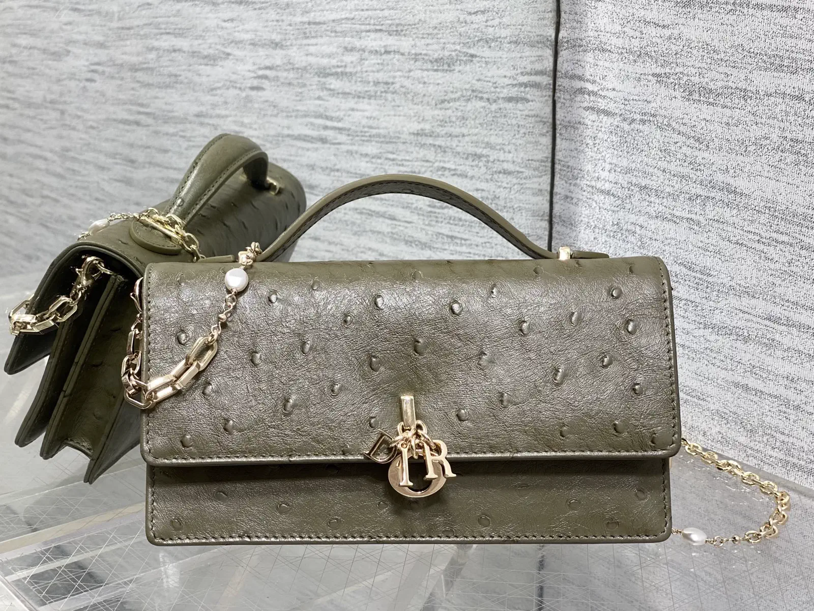 Dior Ostrich Pattern Pearl Chain Top Handle Bag image 1