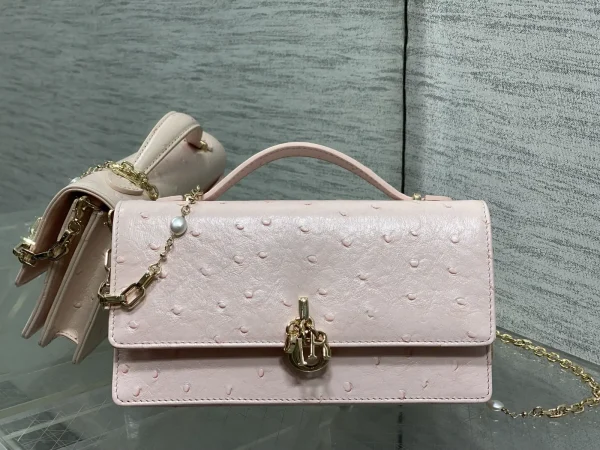 Dior Pink Ostrich-Embossed Top Handle Bag with Pearl Chain image 1