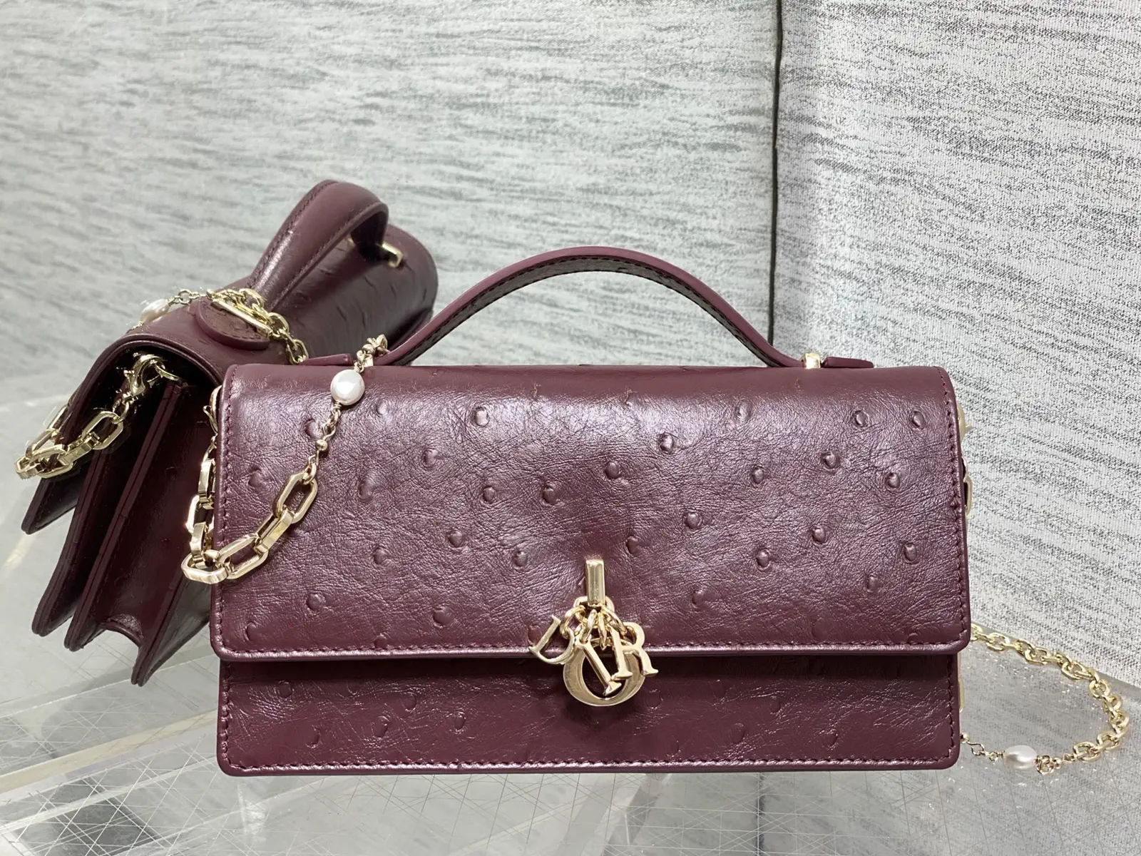 Dior Ostrich Pattern Top Handle Bag with Pearl Chain image 1
