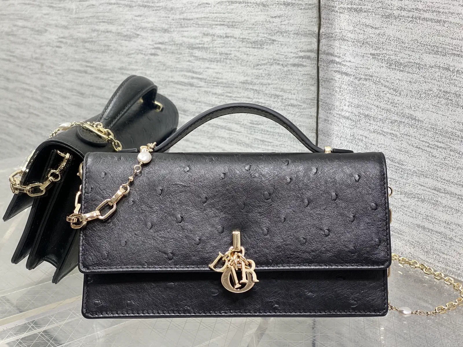 Dior Ostrich Pattern Pearl Chain Top Handle Bag image 1