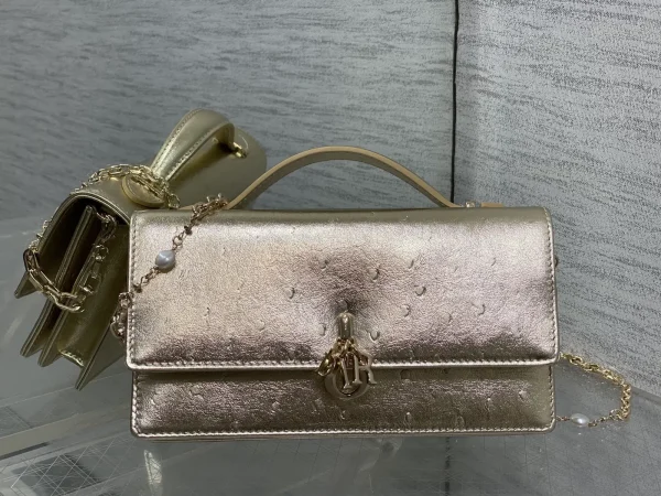 Dior Metallic Gold Ostrich-Embossed Clutch with Pearl Chain image 1