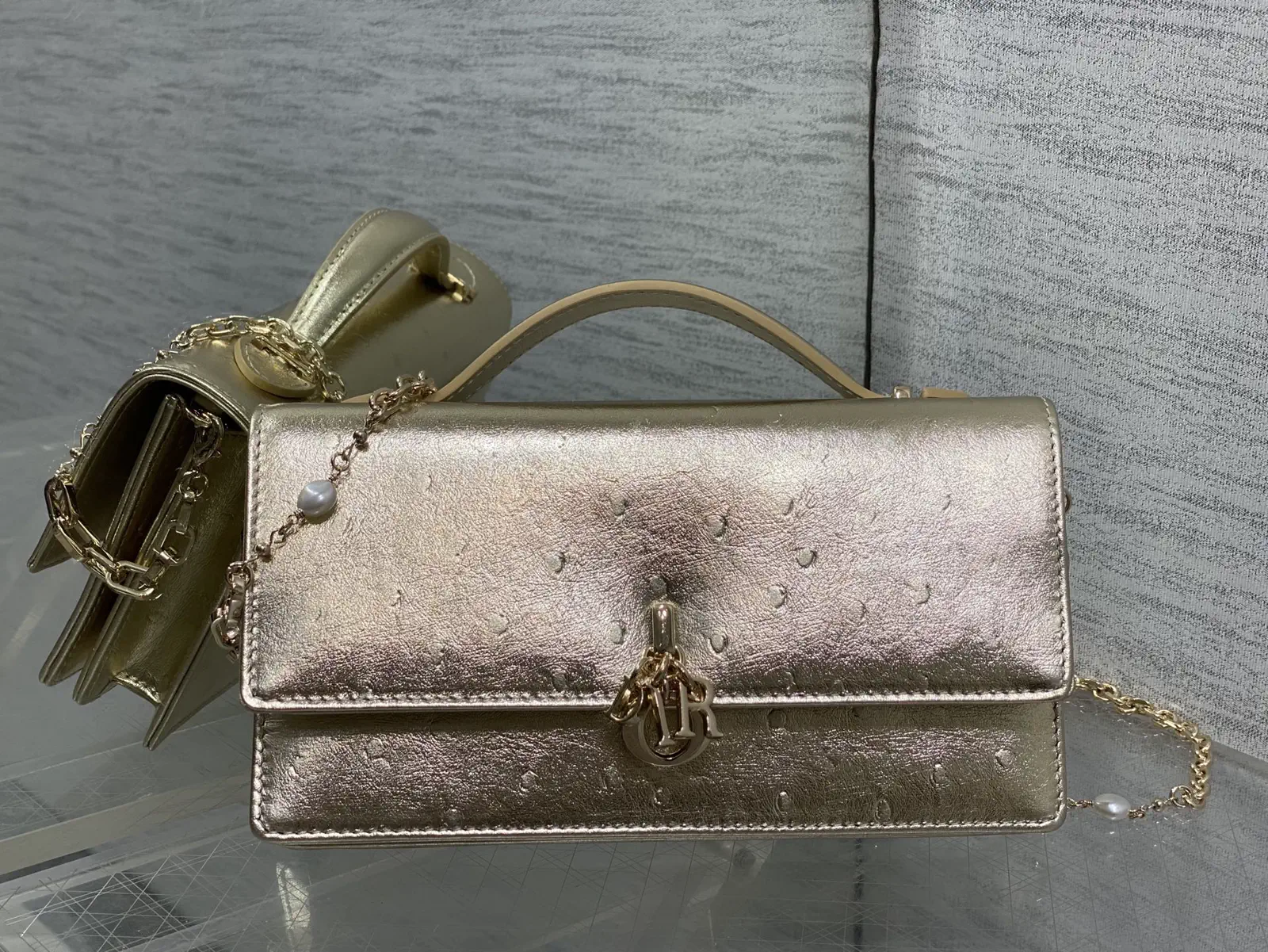 Dior Metallic Gold Ostrich-Embossed Clutch with Pearl Chain image 1