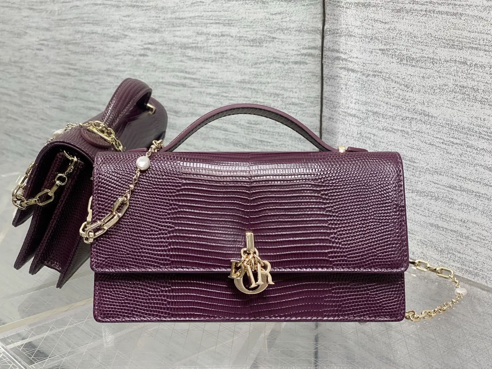 Dior Lizard-Embossed Top Handle Bag with Pearl Chain image 1