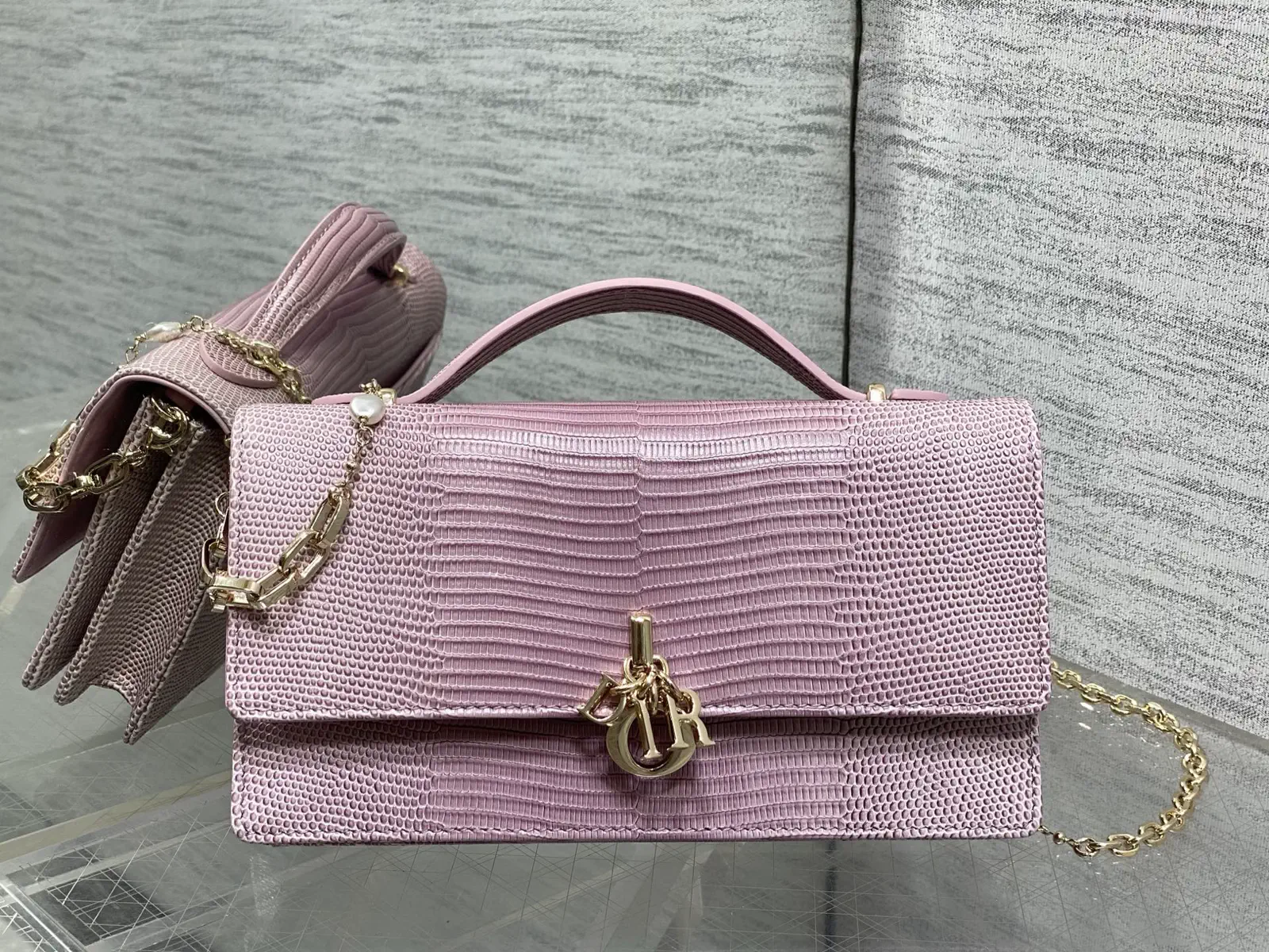 Dior Lizard Embossed Top Handle Bag with Pearl Chain image 1