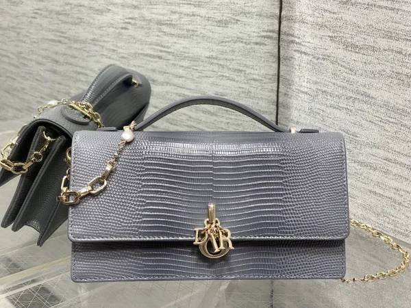 Dior Grey Lizard-Embossed Top Handle Bag with Pearl Chain image 1