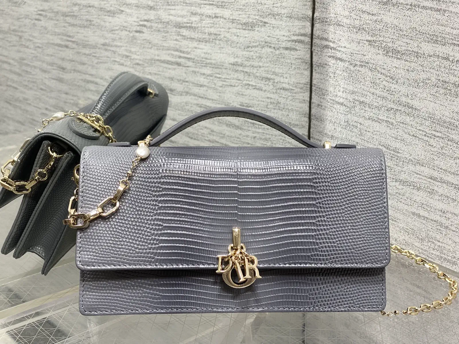 Dior Grey Lizard-Embossed Top Handle Bag with Pearl Chain image 1