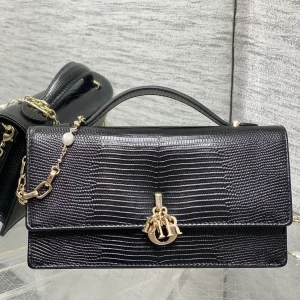 Dior Black Lizard-Embossed Top Handle Bag with Pearl Chain image 1
