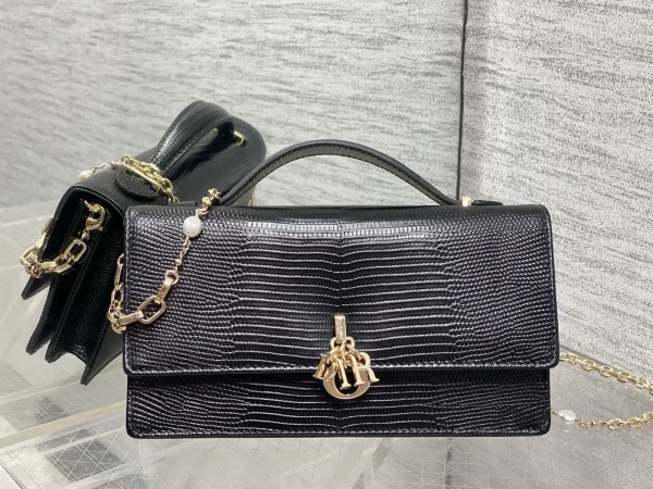 Dior Black Lizard-Embossed Top Handle Bag with Pearl Chain image 1