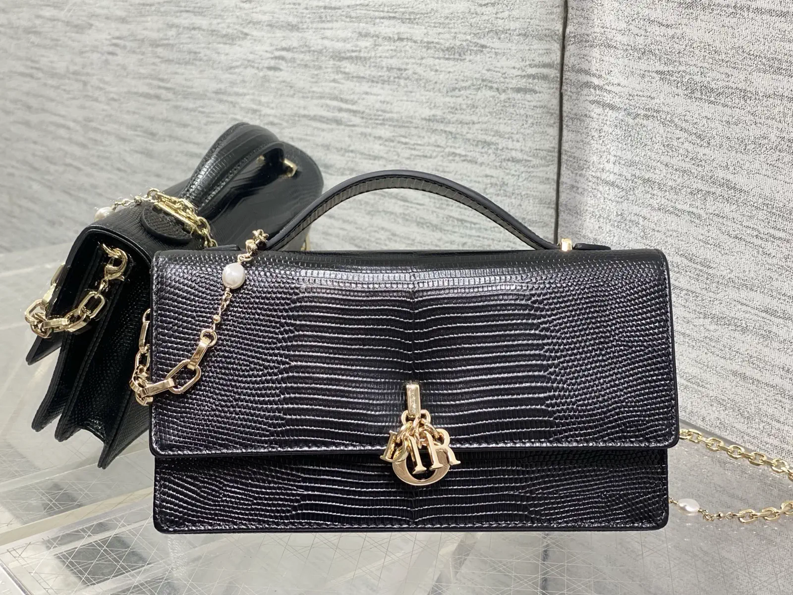 Dior Black Lizard-Embossed Top Handle Bag with Pearl Chain image 1