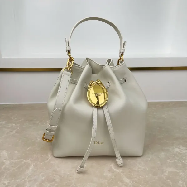 Dior White Leather Bucket Bag with Gold Oval Badge image 1