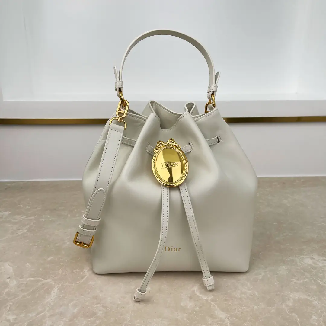 Dior White Leather Bucket Bag with Gold Oval Badge image 1