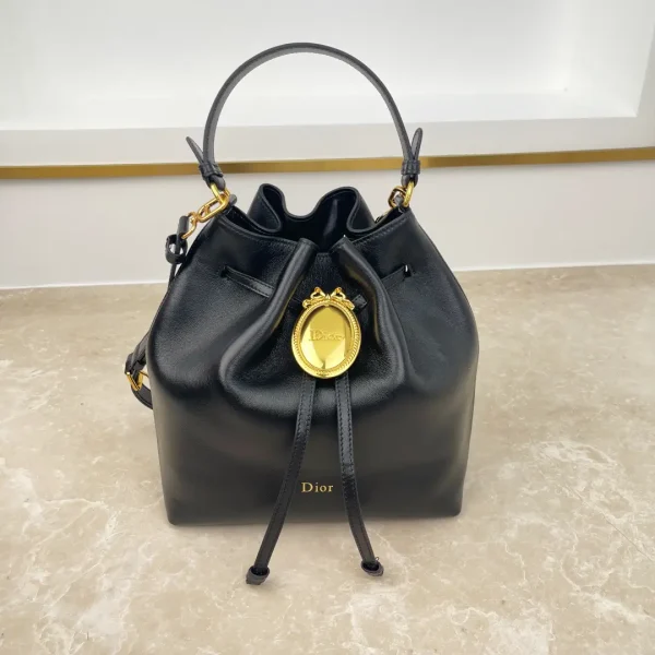 Dior Black Leather Bucket Bag with Gold Oval Badge image 1