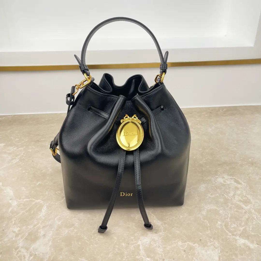 Dior Black Leather Bucket Bag with Gold Oval Badge image 1
