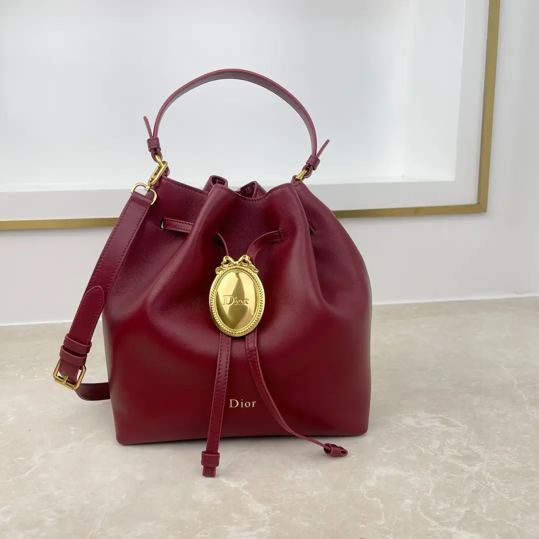Dior Burgundy Leather Bucket Bag with Gold Oval Badge image 1