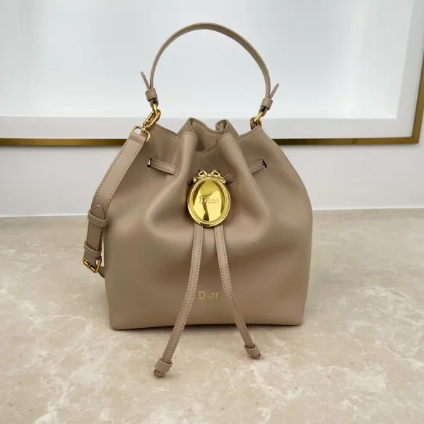 Dior Camel Beige Leather Bucket Bag with Gold Oval Badge image 1
