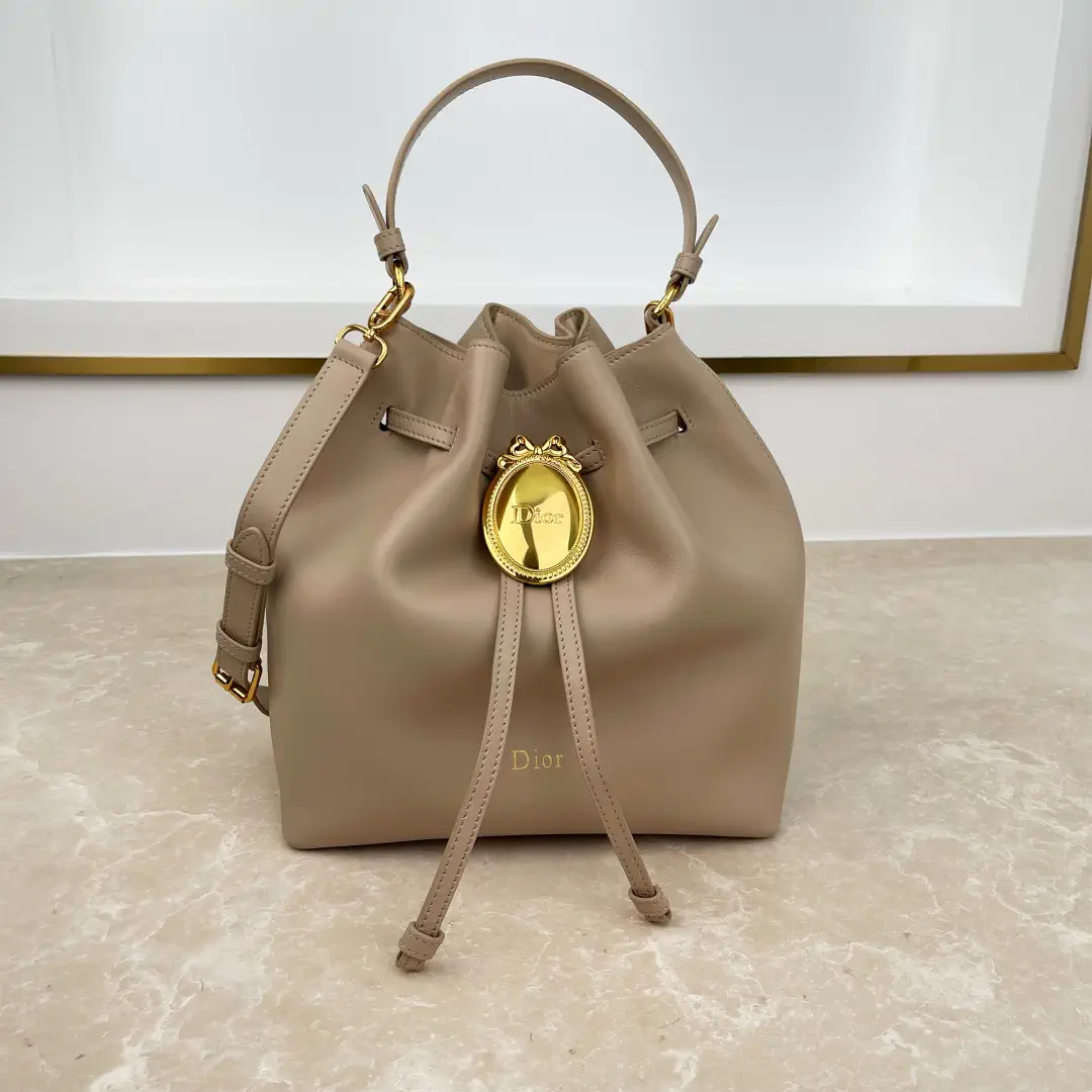 Dior Camel Beige Leather Bucket Bag with Gold Oval Badge image 1