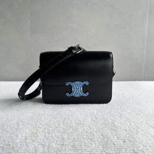 CELINE Black Leather Triomphe Shoulder Bag with Blue Enamel Clasp image 1