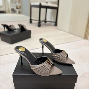 Ruched Pointed Toe High Heel Mules with Gold Metal Buckle image 1