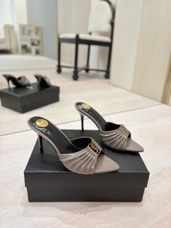 Ruched Pointed Toe High Heel Mules with Gold Metal Buckle image 1
