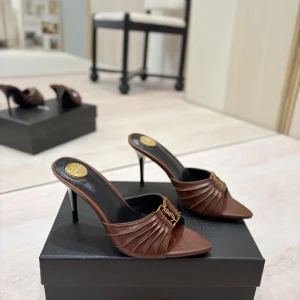 Ruched Pointed Toe High Heel Mules with Gold Metal Buckle image 1