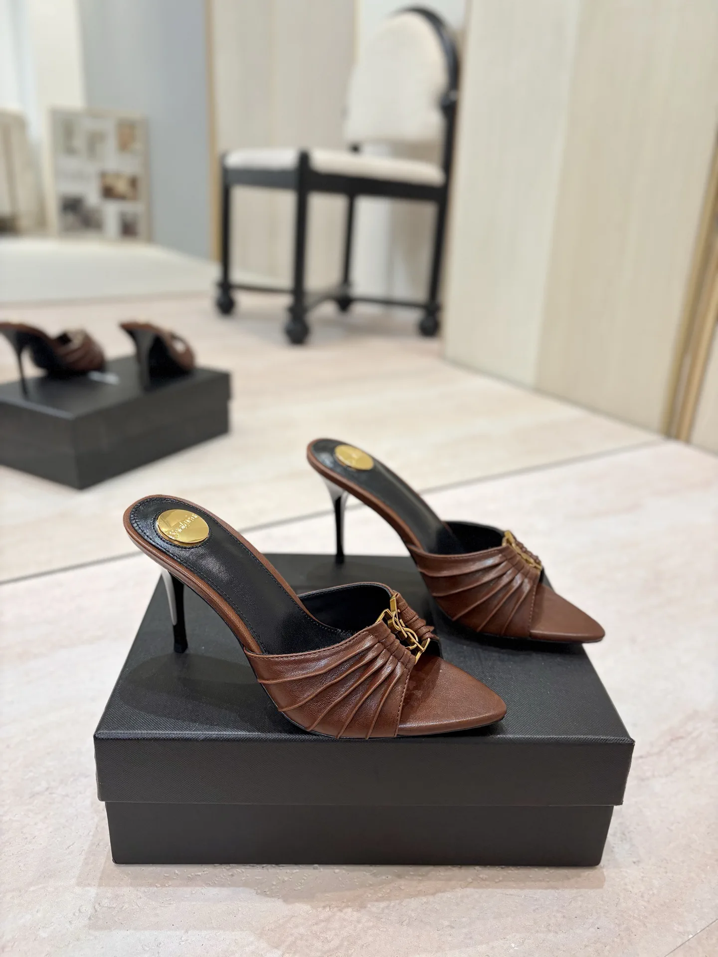 Ruched Pointed Toe High Heel Mules with Gold Metal Buckle image 1