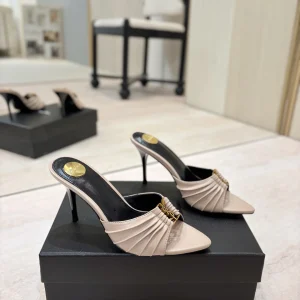 Ruched Pointed Toe High Heel Mules with Gold Metal Buckle image 1
