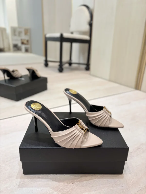 Ruched Pointed Toe High Heel Mules with Gold Metal Buckle image 1