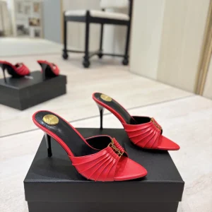 Ruched Pointed Toe High Heel Mules with Gold Metal Buckle image 1