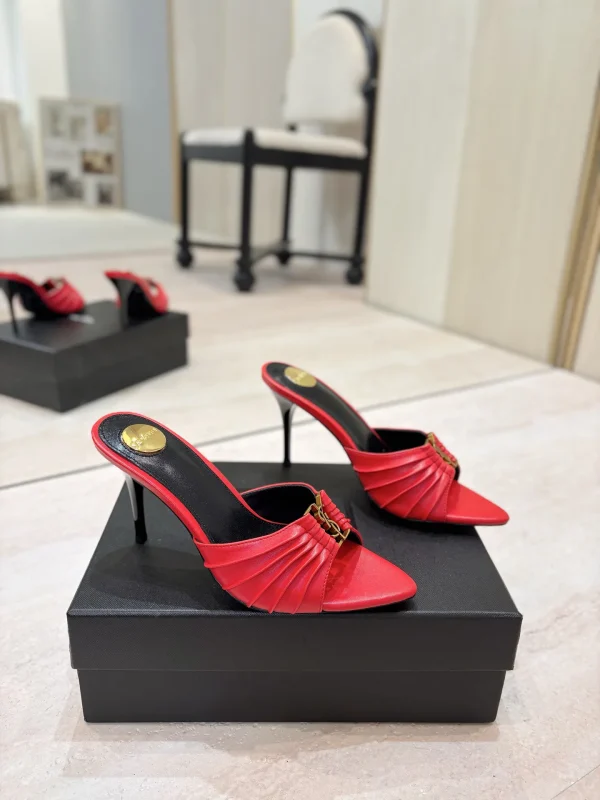 Ruched Pointed Toe High Heel Mules with Gold Metal Buckle image 1