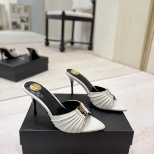 Ruched Pointed Toe High Heel Mules with Gold Metal Buckle image 1