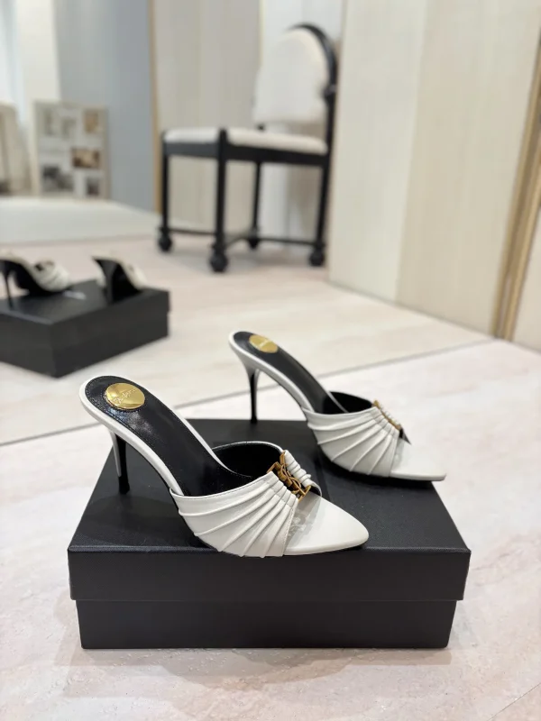 Ruched Pointed Toe High Heel Mules with Gold Metal Buckle image 1