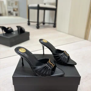 Ruched Pointed Toe Stiletto Mules with Gold Metal Buckle image 1