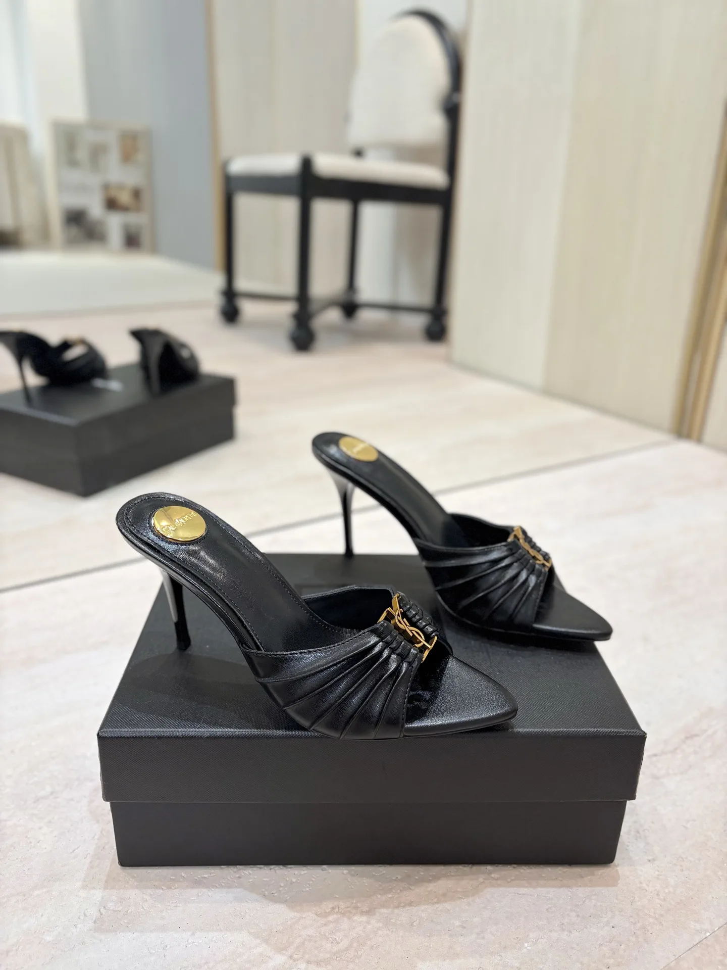 Ruched Pointed Toe Stiletto Mules with Gold Metal Buckle image 1